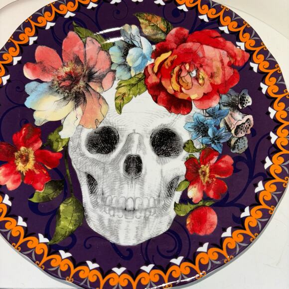 222 Fifth Marbella Skull Floral Fall 8.5” Halloween Purple Salad Luncheon Plate - Picture 6 of 6